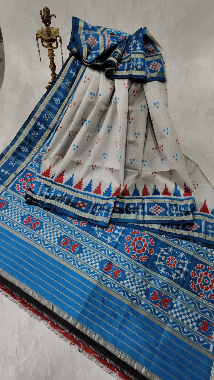 Grey Handloom Sambalpuri Ikkat Silk Saree with Contrast Dolabedi Border and No Blouse Piece| SILK MARK CERTIFIED