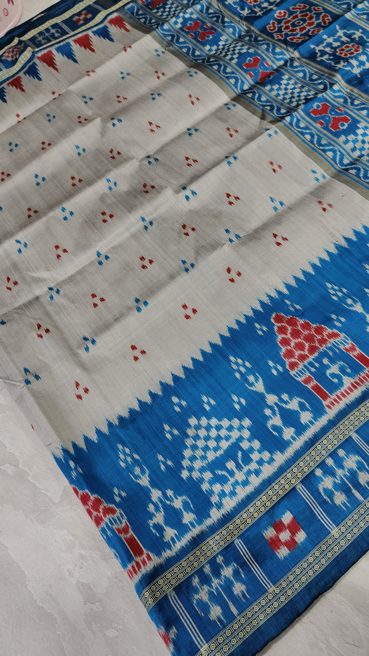 Grey Handloom Sambalpuri Ikkat Silk Saree with Contrast Dolabedi Border and No Blouse Piece| SILK MARK CERTIFIED