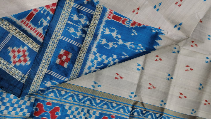 Grey Handloom Sambalpuri Ikkat Silk Saree with Contrast Dolabedi Border and No Blouse Piece| SILK MARK CERTIFIED