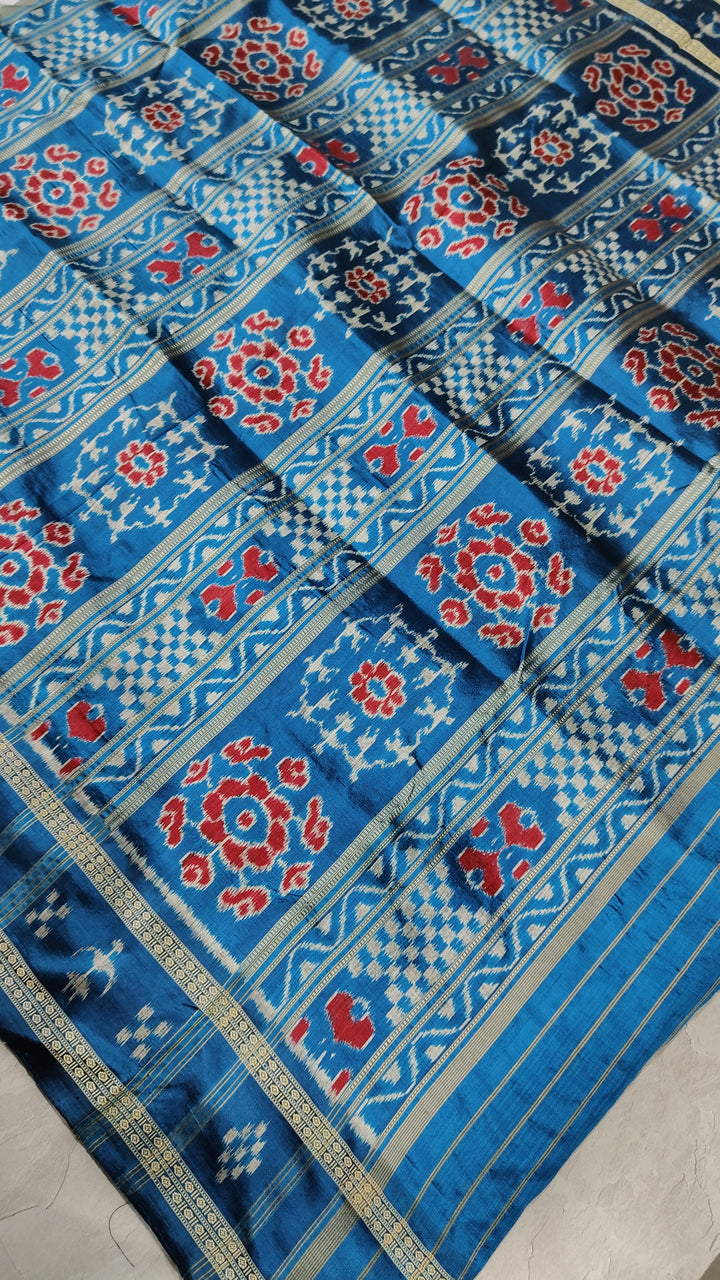Grey Handloom Sambalpuri Ikkat Silk Saree with Contrast Dolabedi Border and No Blouse Piece| SILK MARK CERTIFIED