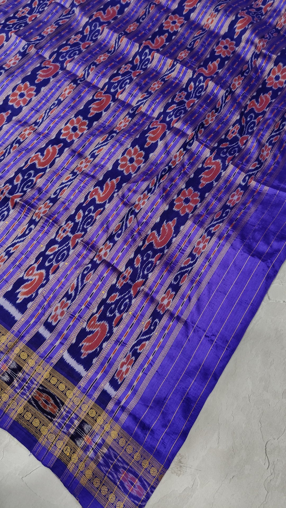 Blue Half and Half Handloom Sambalpuri Ikkat Silk Saree with Geometric Design and Zari Border, No Blouse Piece| SILK MARK CERTIFIED