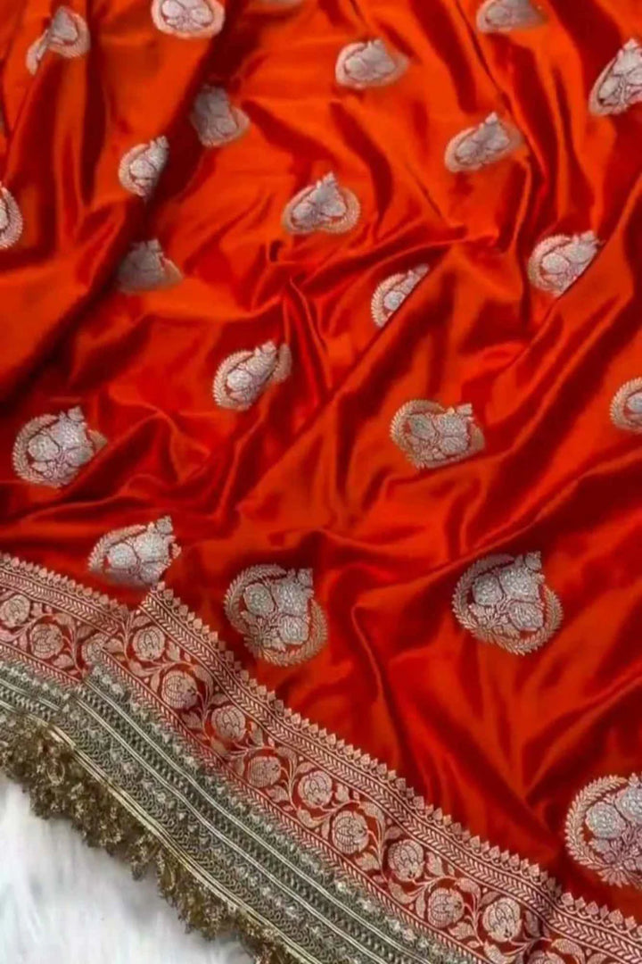 Beautiful Red Banarasi Mashru Silk with Golden Zari Weaved & Minakari Boota Wrap in 1 Minute Saree | SILK MARK CERTIFIED