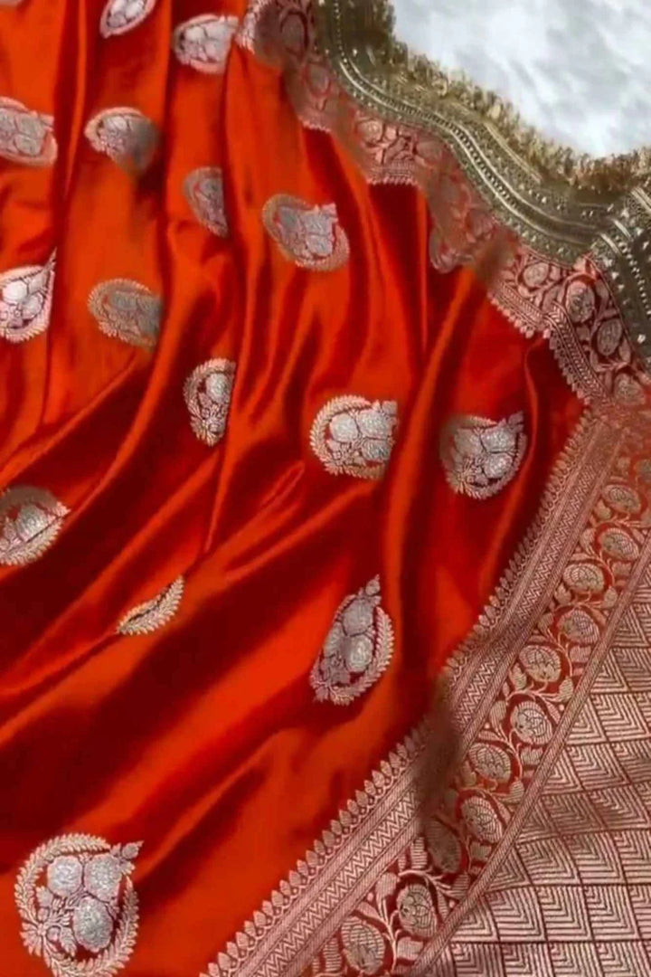 Beautiful Red Banarasi Mashru Silk with Golden Zari Weaved & Minakari Boota Wrap in 1 Minute Saree | SILK MARK CERTIFIED
