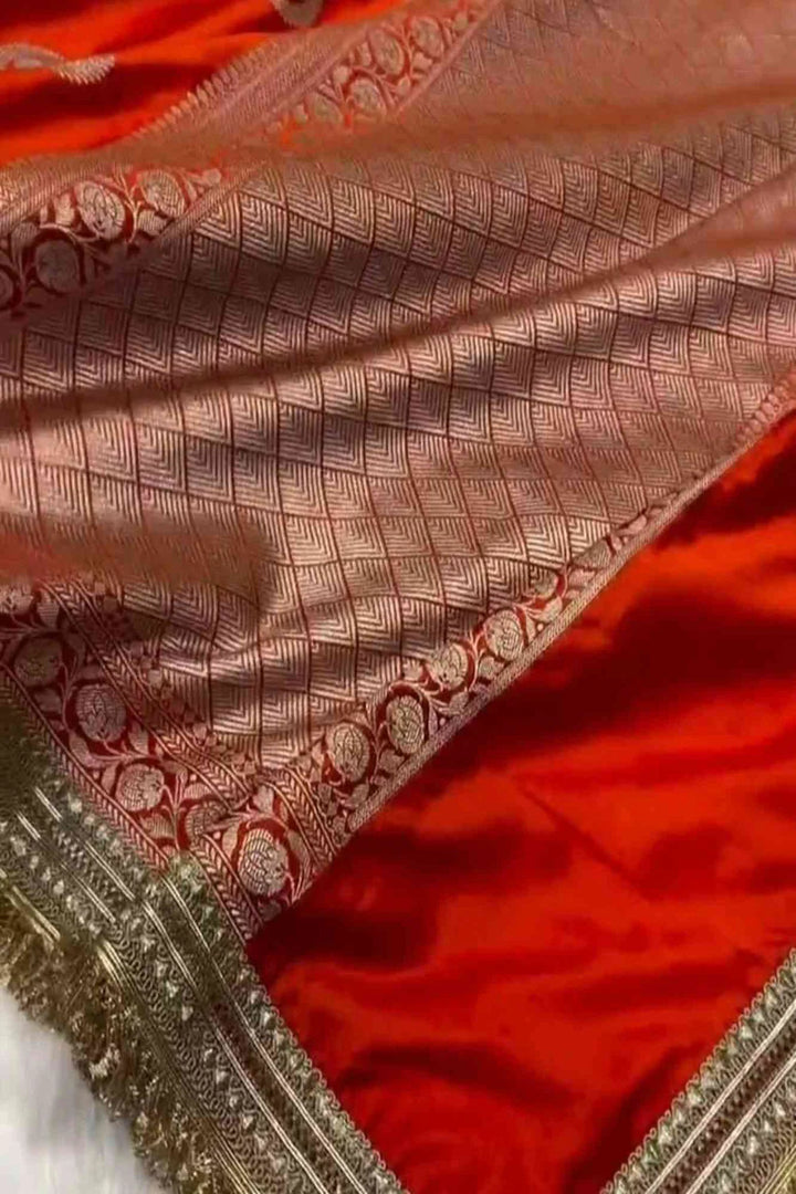 Beautiful Red Banarasi Mashru Silk with Golden Zari Weaved & Minakari Boota Wrap in 1 Minute Saree | SILK MARK CERTIFIED