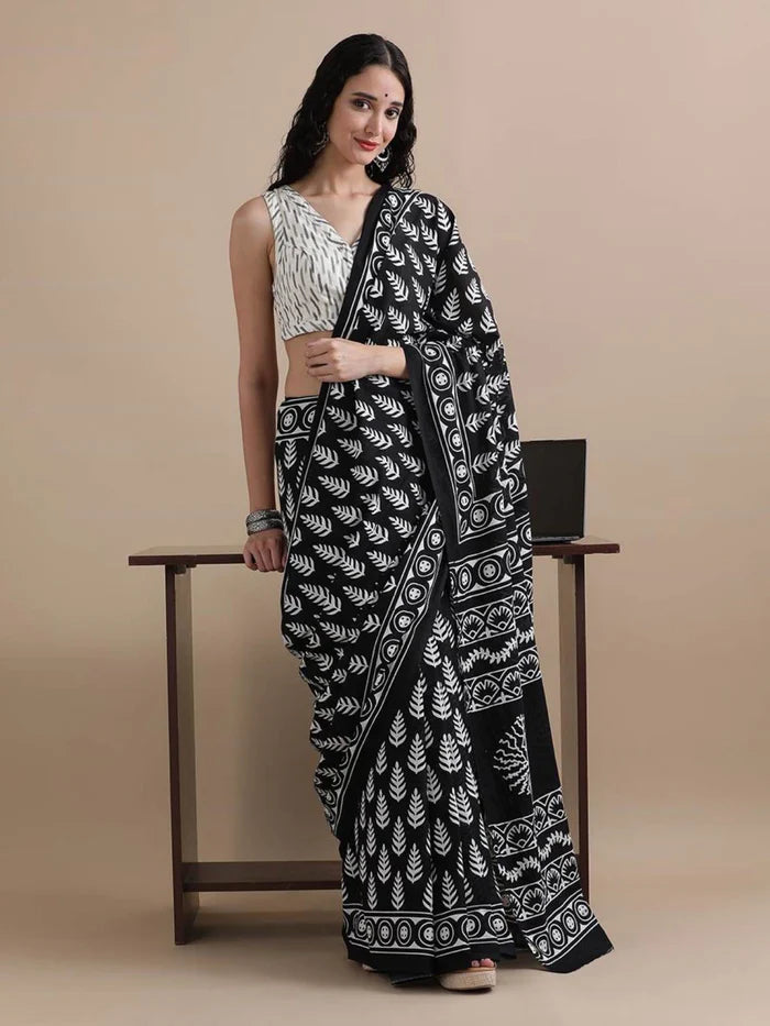 Ready To wear Black Pure Mul Mul Cotton Black saree with Vegetable dye Hand Block print