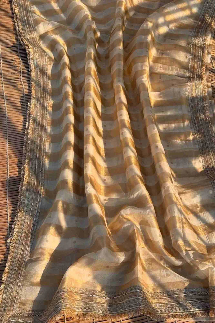 Beige Tissue Silk Saree with Golden strips Ready to wear Saree | SILK MARK CERTIFIED