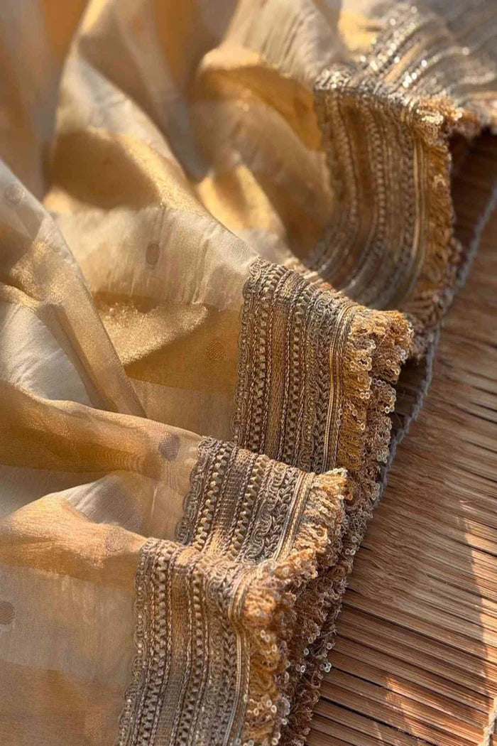 Beige Tissue Silk Saree with Golden strips Ready to wear Saree | SILK MARK CERTIFIED