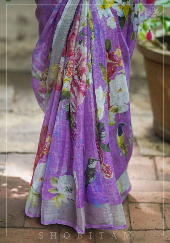 Periwinkle Linen Saree with Floral Digital Print