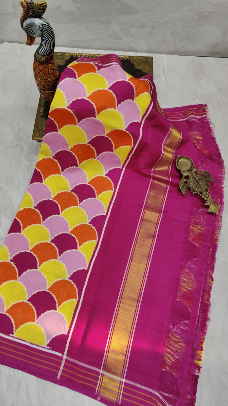 Authentic Patan Patola Pure Silk Handwoven Saree in Fish Scale Multicolor  Design | SILK MARK CERTIFIED