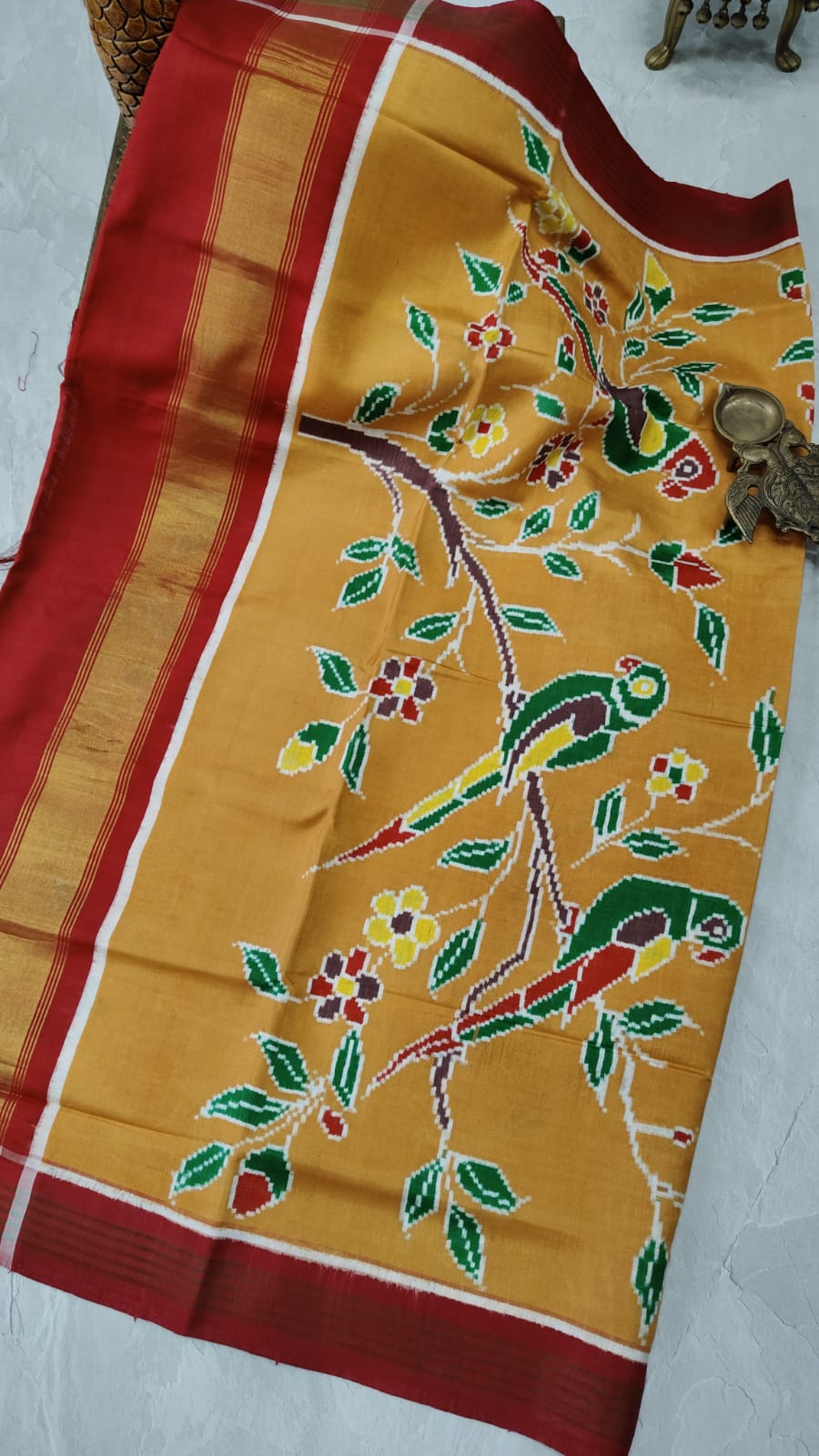 Authentic Double Ikkat Patan Patola Handwoven Saree in Pale Ochre with Muniya Style Skirt Border | SILK MARK CERTIFIED
