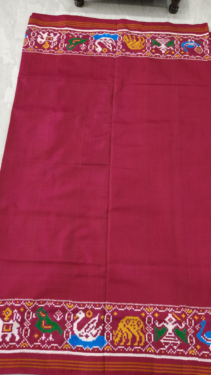 Celebrity Authentic Double Ikkat Patan Patola Handwoven Saree in Pinkish Red Dual tone with Flora Fauna Motifs on Border | SILK MARK CERTIFIED