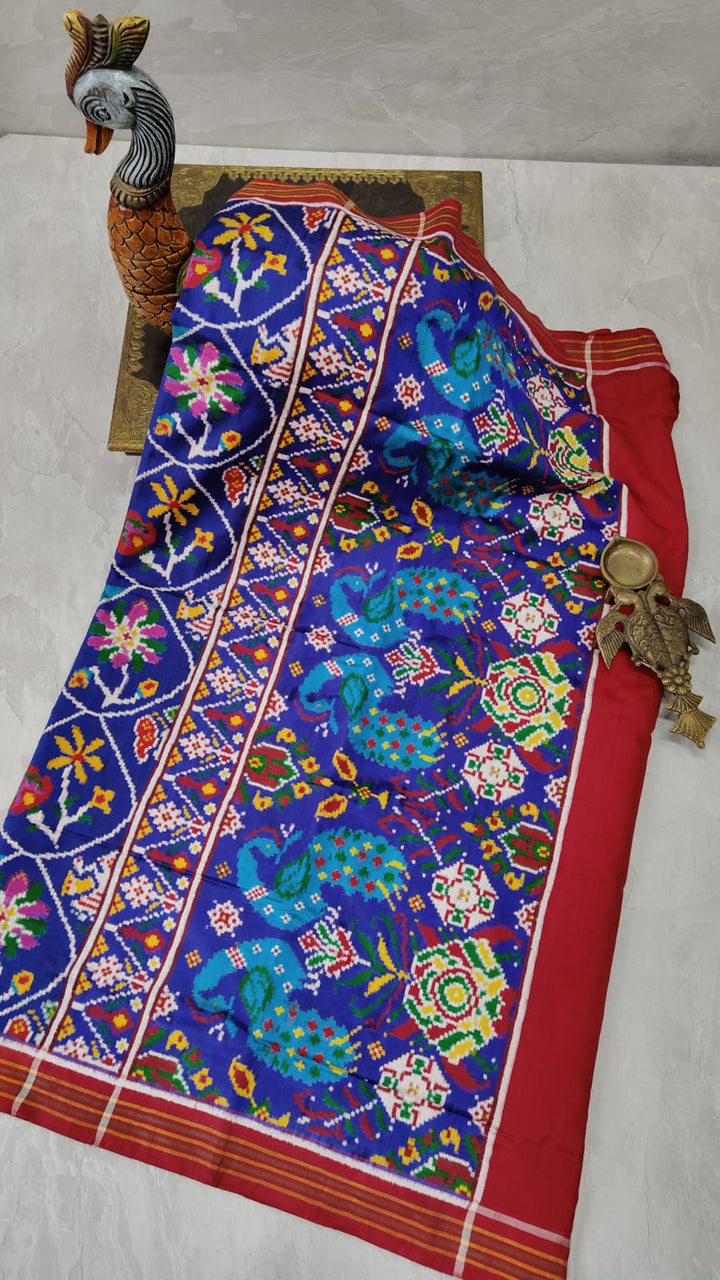 Surajmukhi -Authentic Double Ikkat Patan Patola Handwoven Saree in Blue | SILK MARK CERTIFIED