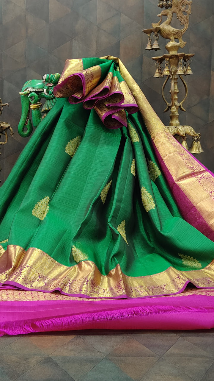 Green Kanjivaram Silk Saree with Damask Buttas and Zari Border | SILK MARK CERTIFIED