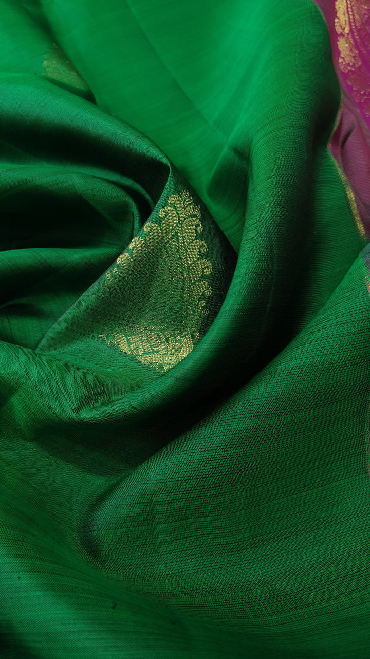 Green Kanjivaram Silk Saree with Damask Buttas and Zari Border | SILK MARK CERTIFIED