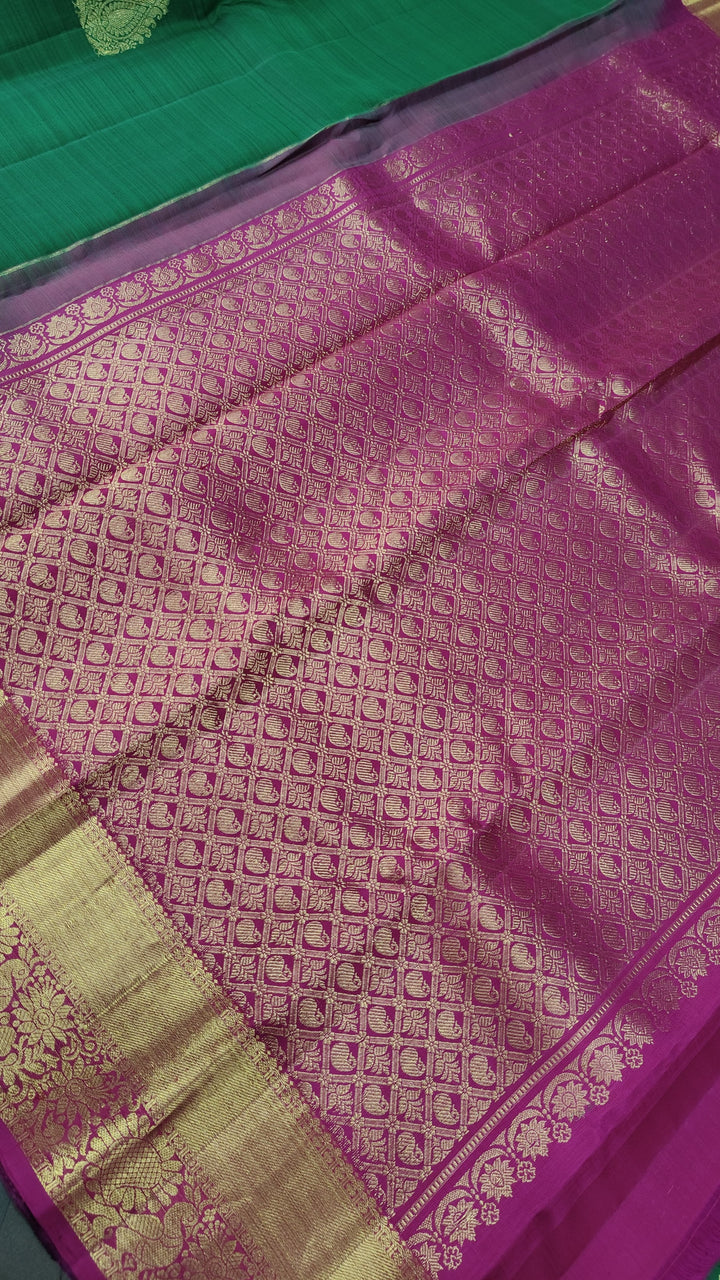 Green Kanjivaram Silk Saree with Damask Buttas and Zari Border | SILK MARK CERTIFIED