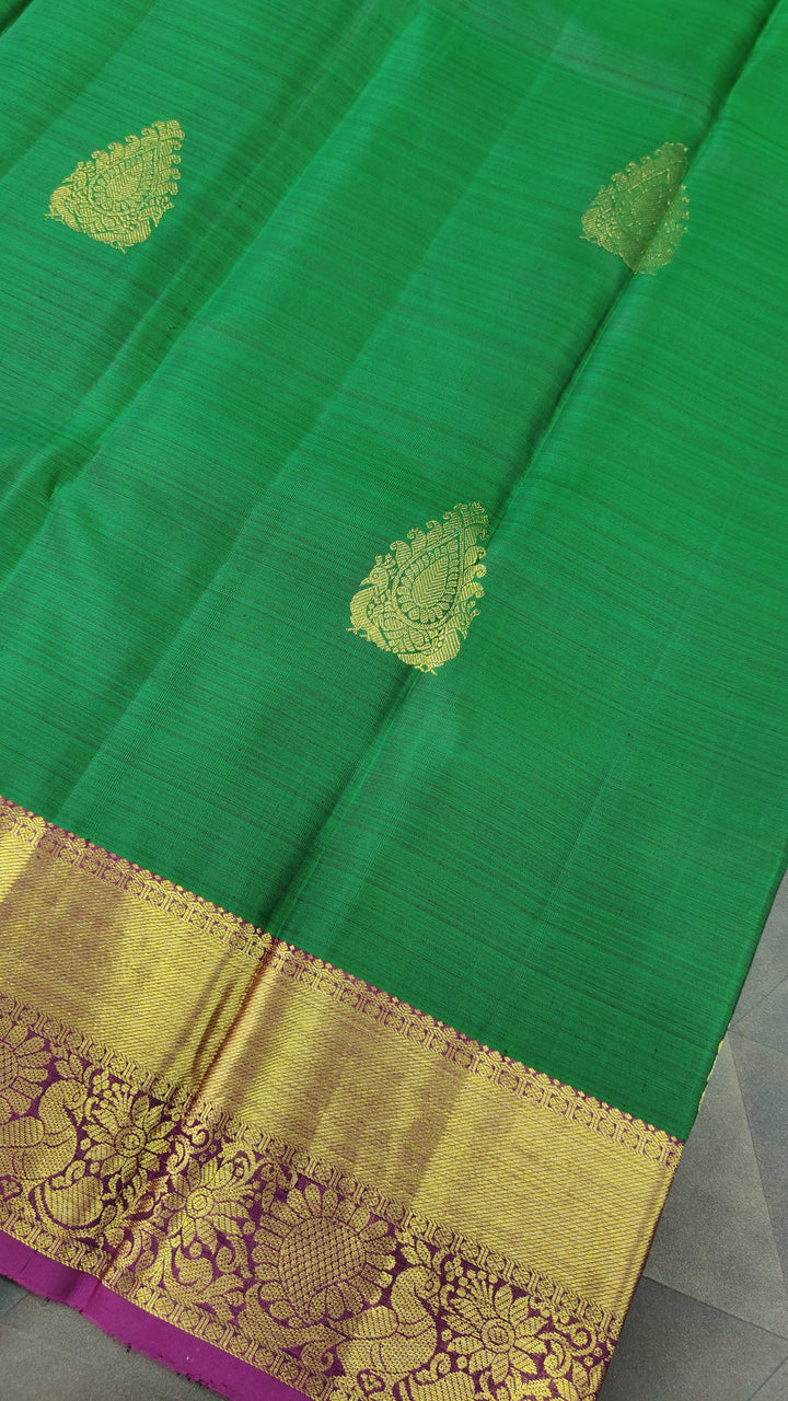 Green Kanjivaram Silk Saree with Damask Buttas and Zari Border | SILK MARK CERTIFIED