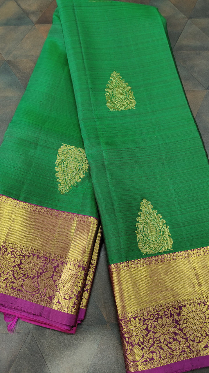 Green Kanjivaram Silk Saree with Damask Buttas and Zari Border | SILK MARK CERTIFIED