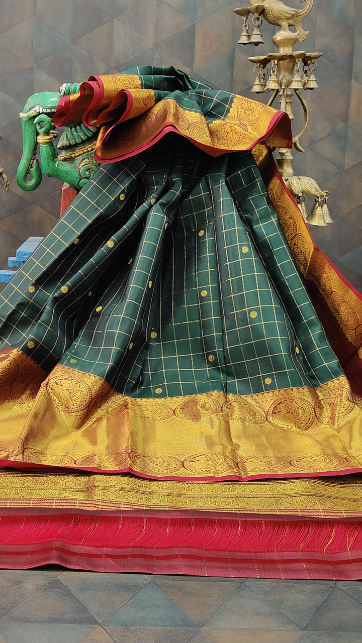 Dark Green Zari Checks on Kanjivaram Silk Saree with Zari Buttis and Contrast Wide Zari Border | SILK MARK CERTIFIED