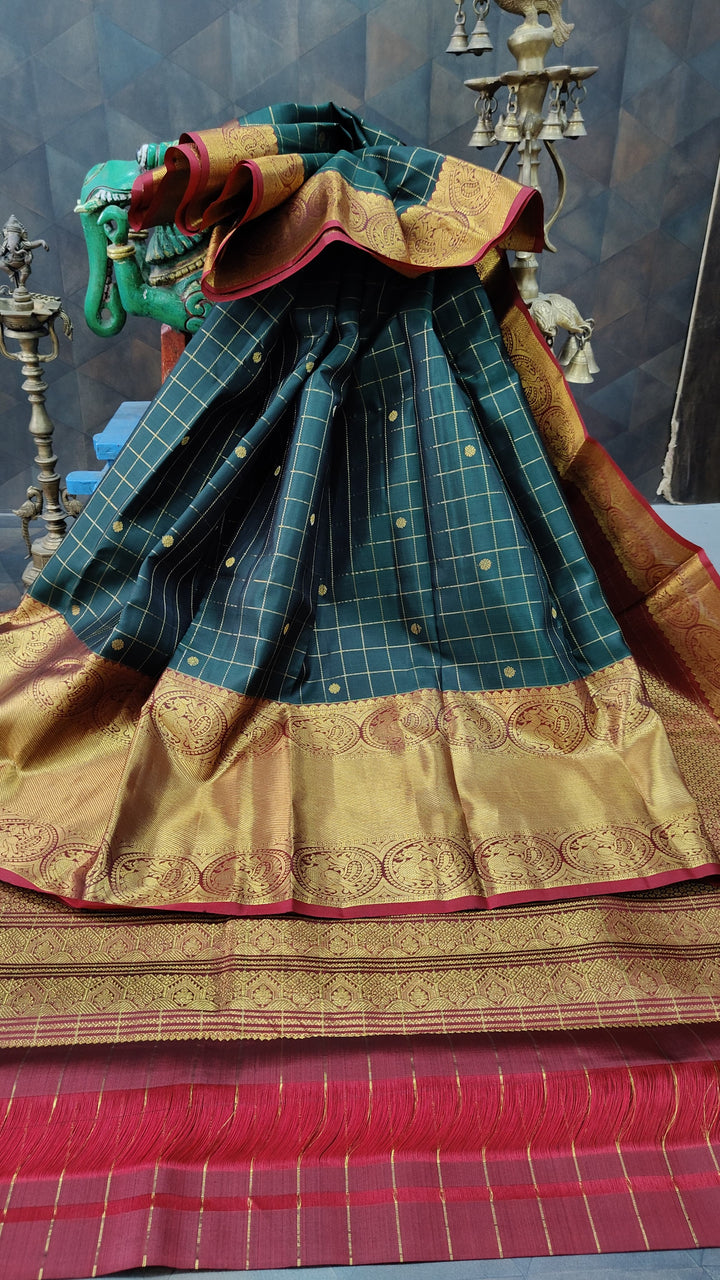 Dark Green Zari Checks on Kanjivaram Silk Saree with Zari Buttis and Contrast Wide Zari Border | SILK MARK CERTIFIED