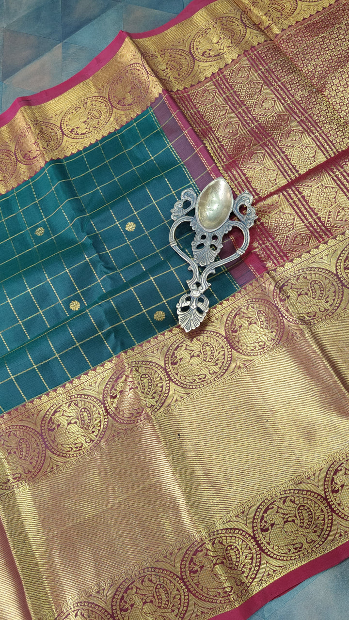 Dark Green Zari Checks on Kanjivaram Silk Saree with Zari Buttis and Contrast Wide Zari Border | SILK MARK CERTIFIED