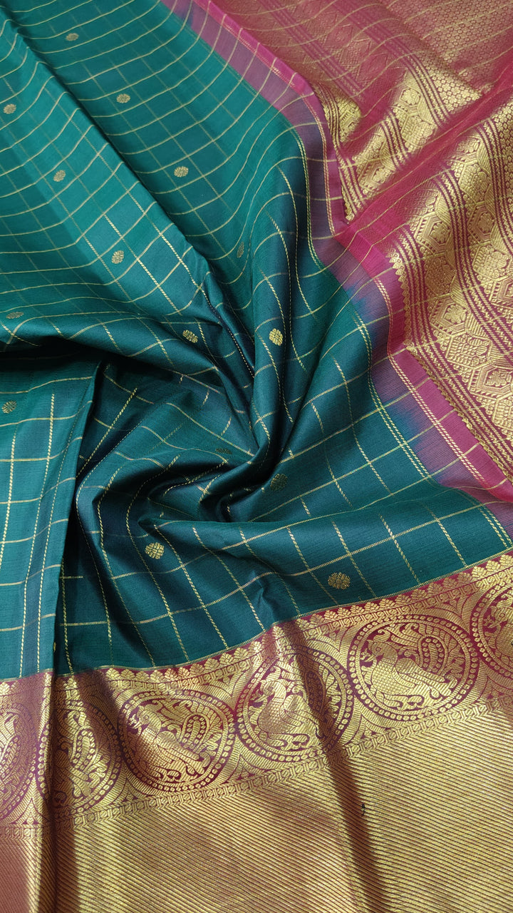 Dark Green Zari Checks on Kanjivaram Silk Saree with Zari Buttis and Contrast Wide Zari Border | SILK MARK CERTIFIED