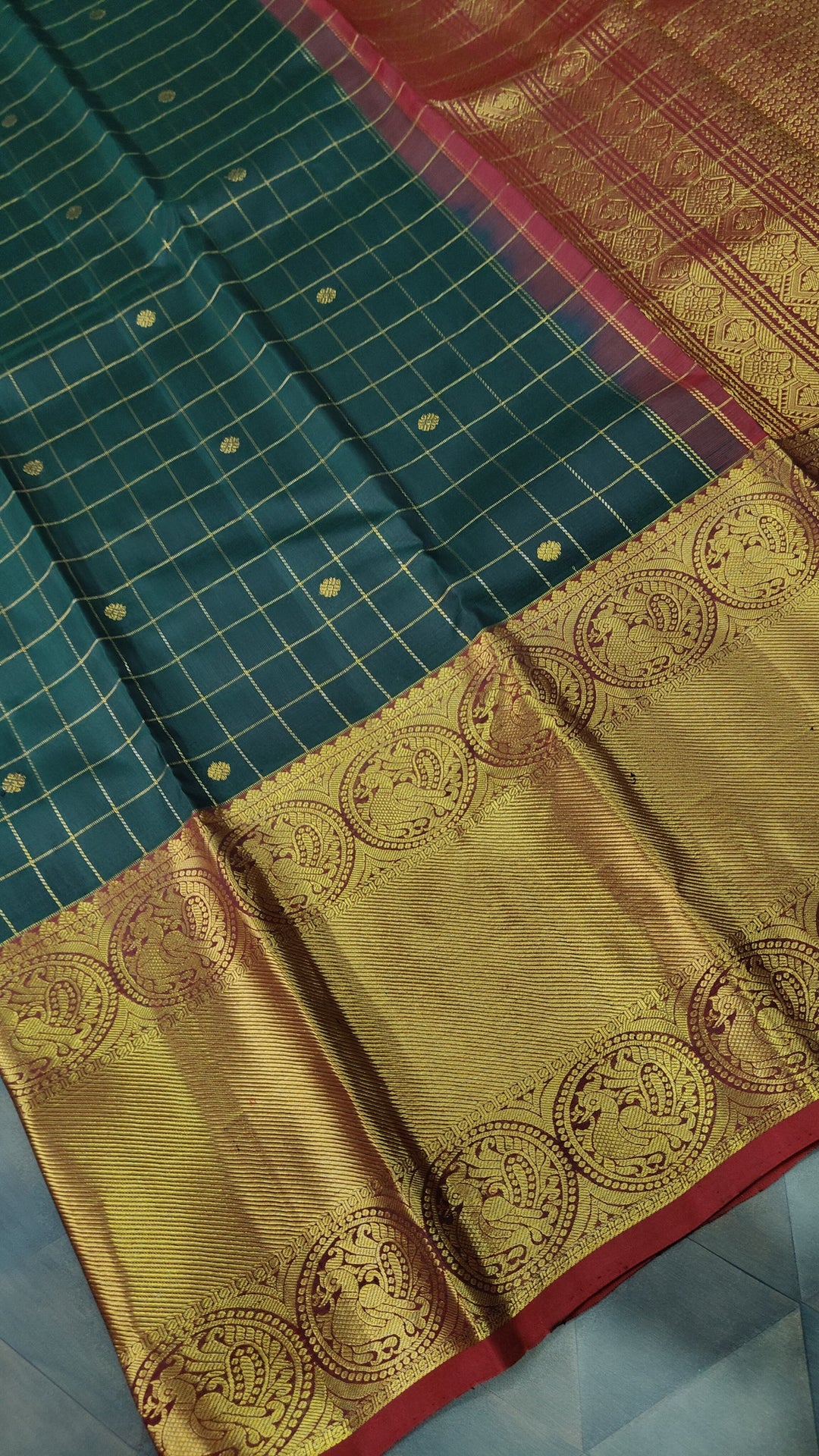 Dark Green Zari Checks on Kanjivaram Silk Saree with Zari Buttis and Contrast Wide Zari Border | SILK MARK CERTIFIED
