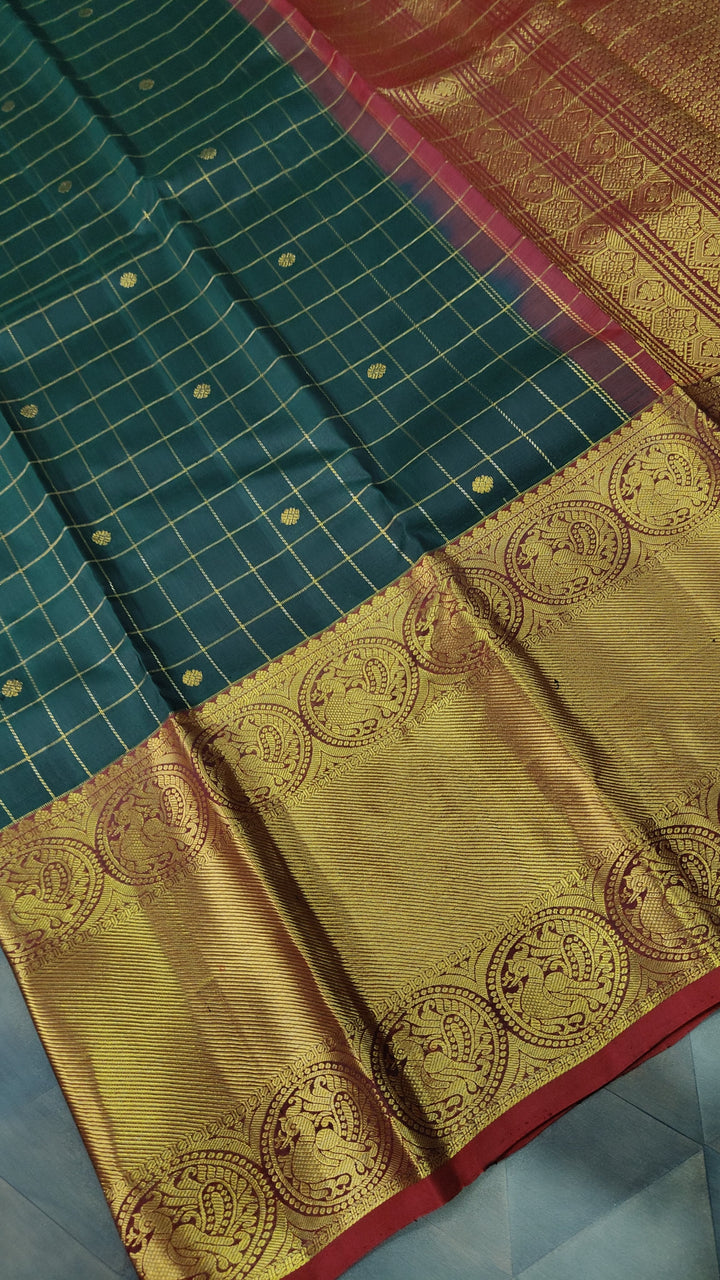 Dark Green Zari Checks on Kanjivaram Silk Saree with Zari Buttis and Contrast Wide Zari Border | SILK MARK CERTIFIED