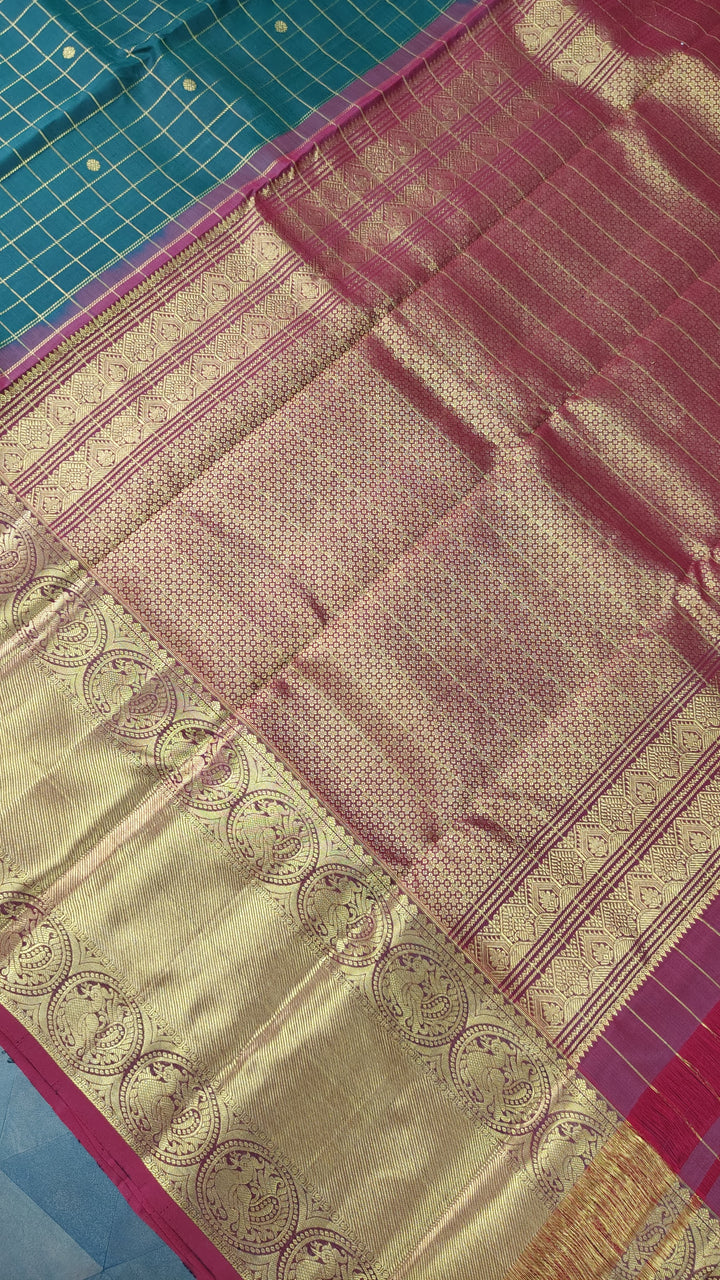 Dark Green Zari Checks on Kanjivaram Silk Saree with Zari Buttis and Contrast Wide Zari Border | SILK MARK CERTIFIED