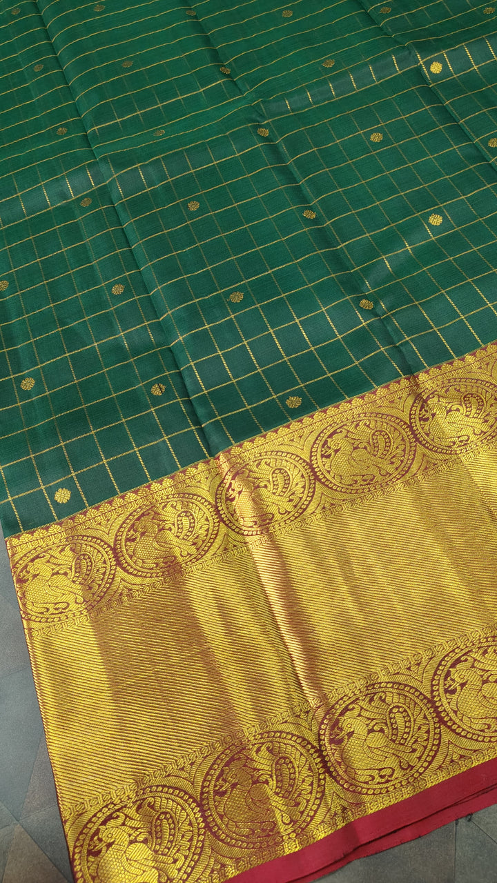 Dark Green Zari Checks on Kanjivaram Silk Saree with Zari Buttis and Contrast Wide Zari Border | SILK MARK CERTIFIED