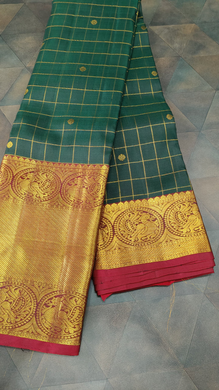 Dark Green Zari Checks on Kanjivaram Silk Saree with Zari Buttis and Contrast Wide Zari Border | SILK MARK CERTIFIED