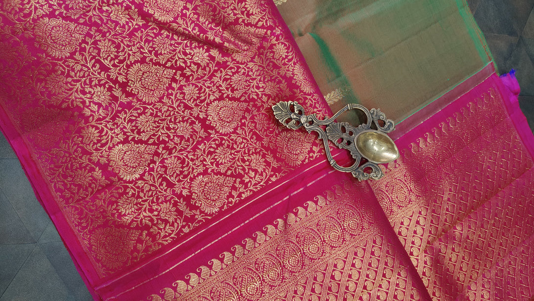 Green Dual Tone Stunning Half Border Kanjivaram Pure Silk saree with Zari Brocade | SILK MARK CERTIFIED