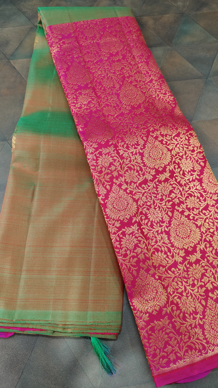Green Dual Tone Stunning Half Border Kanjivaram Pure Silk saree with Zari Brocade | SILK MARK CERTIFIED