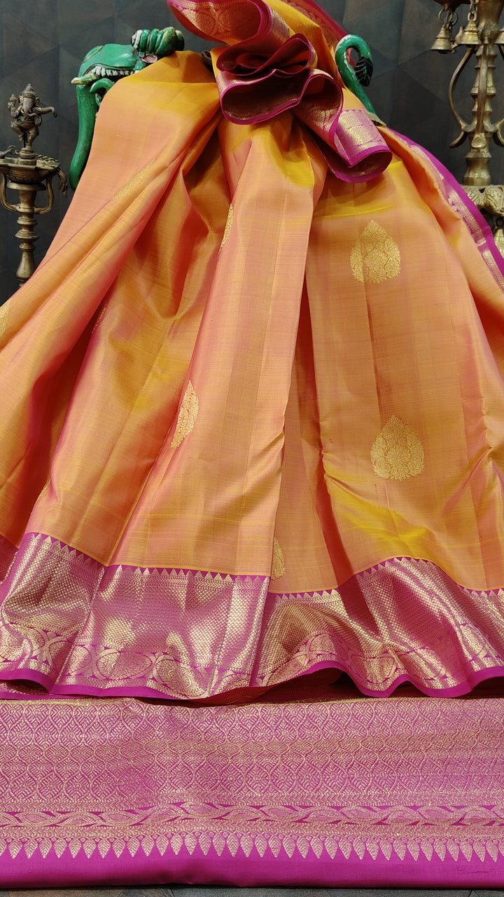 Mustard Dual tone Kanjivaram Silk Saree with Damask Buttas and Contrast Zari Border | SILK MARK CERTIFIED