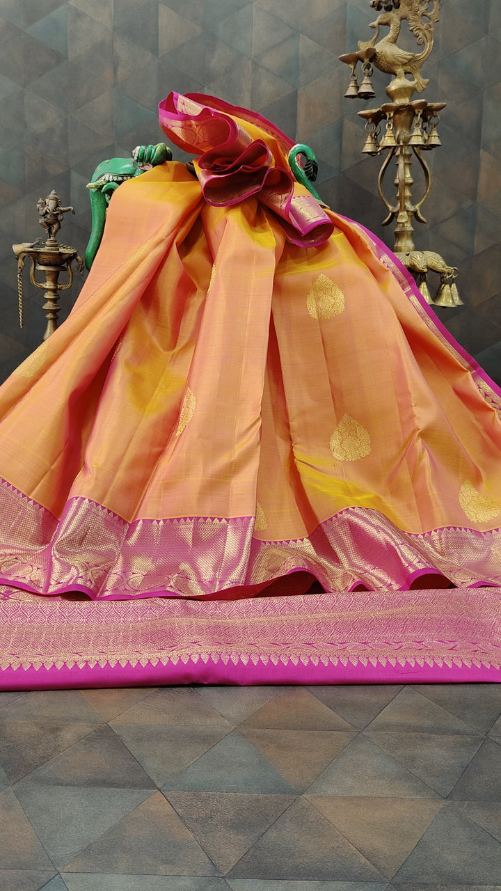 Mustard Dual tone Kanjivaram Silk Saree with Damask Buttas and Contrast Zari Border | SILK MARK CERTIFIED