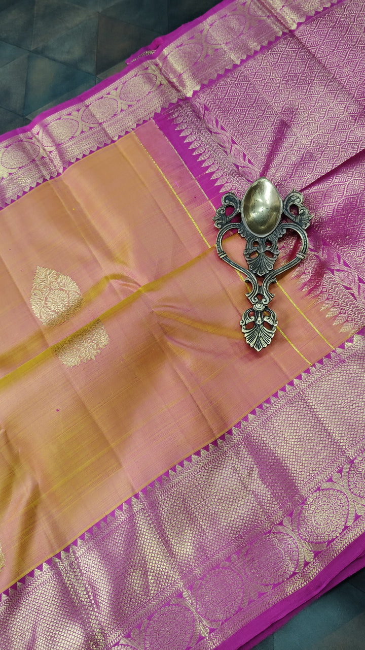 Mustard Dual tone Kanjivaram Silk Saree with Damask Buttas and Contrast Zari Border | SILK MARK CERTIFIED
