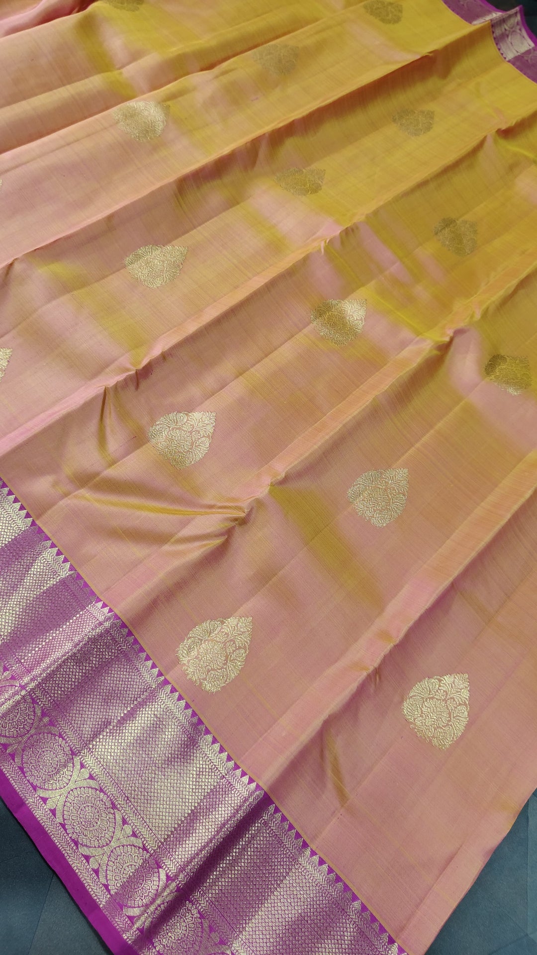 Mustard Dual tone Kanjivaram Silk Saree with Damask Buttas and Contrast Zari Border | SILK MARK CERTIFIED