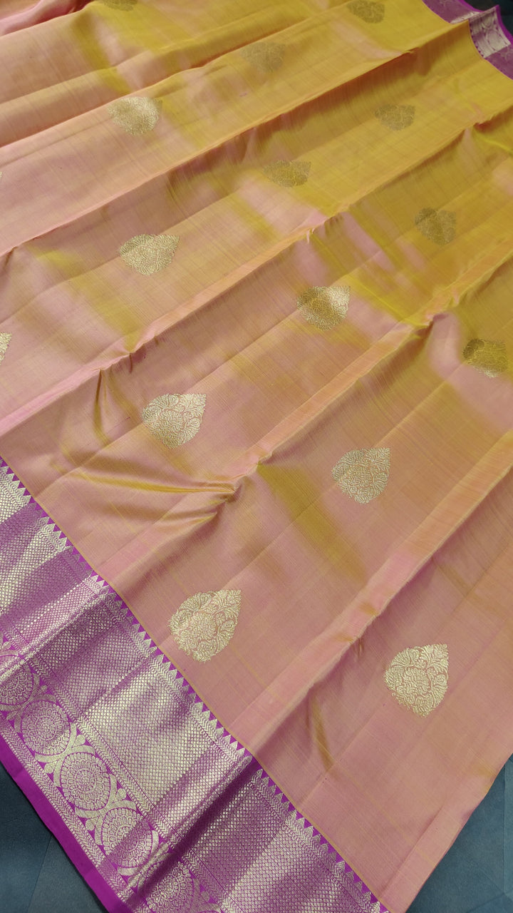 Mustard Dual tone Kanjivaram Silk Saree with Damask Buttas and Contrast Zari Border | SILK MARK CERTIFIED