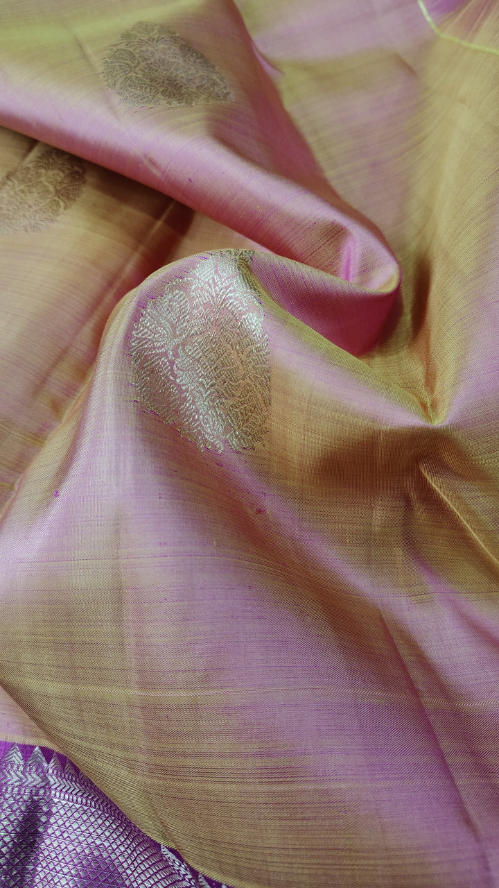 Mustard Dual tone Kanjivaram Silk Saree with Damask Buttas and Contrast Zari Border | SILK MARK CERTIFIED
