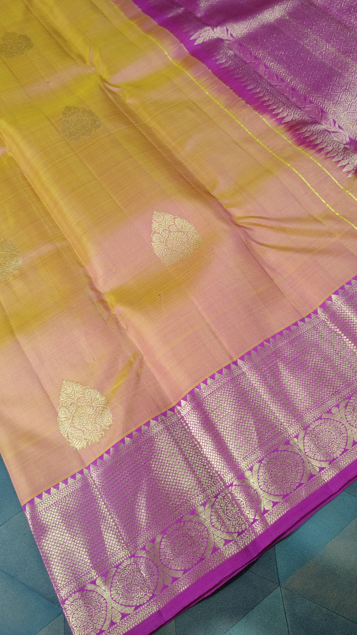 Mustard Dual tone Kanjivaram Silk Saree with Damask Buttas and Contrast Zari Border | SILK MARK CERTIFIED