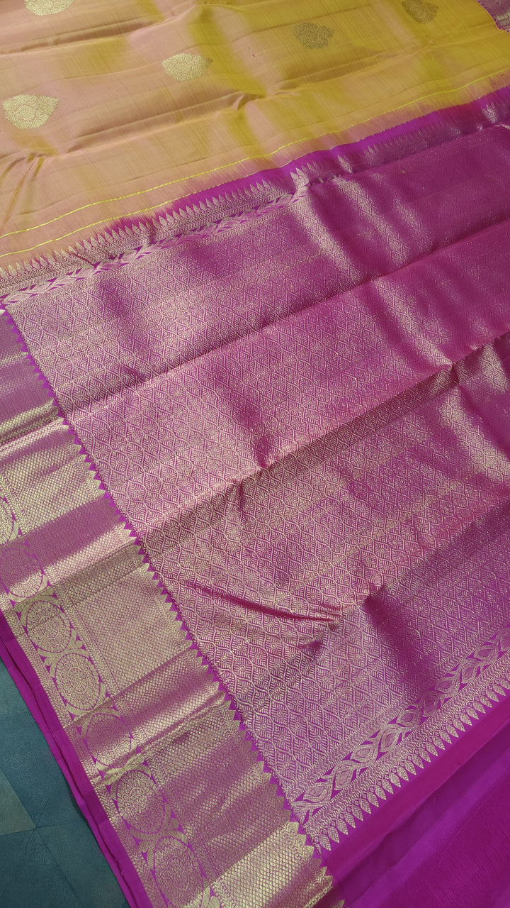 Mustard Dual tone Kanjivaram Silk Saree with Damask Buttas and Contrast Zari Border | SILK MARK CERTIFIED