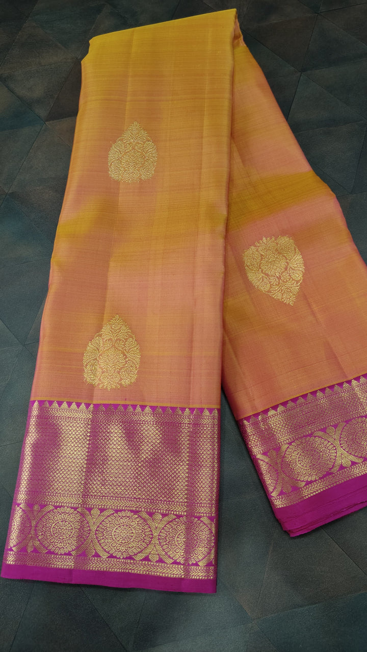 Mustard Dual tone Kanjivaram Silk Saree with Damask Buttas and Contrast Zari Border | SILK MARK CERTIFIED
