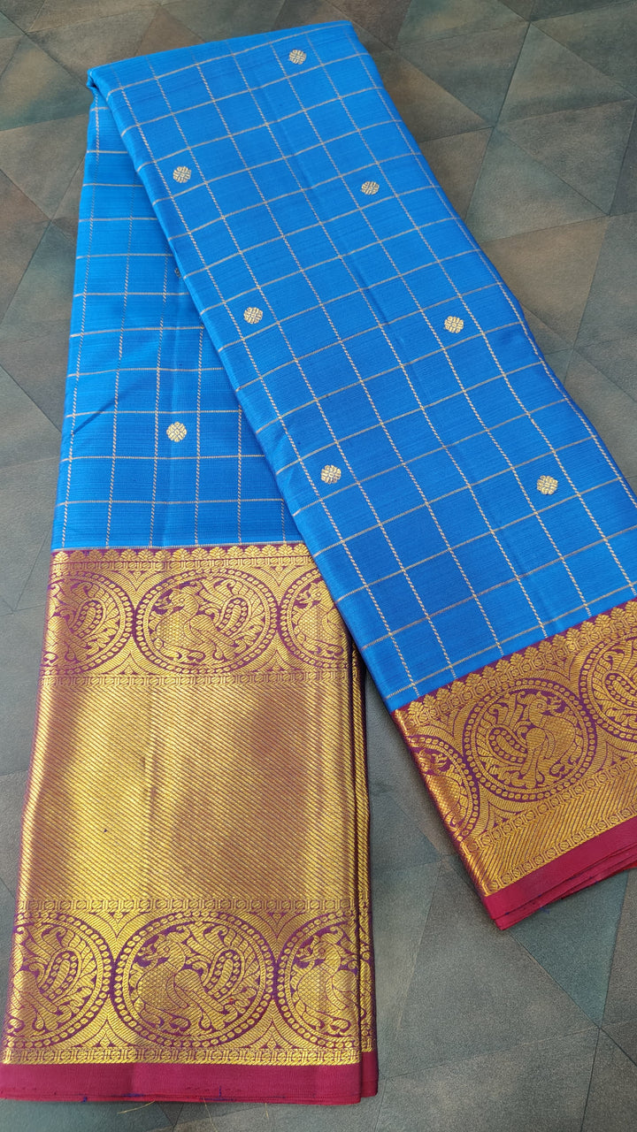 Blue Zari Checks on Kanjivaram Silk Saree with Zari Buttis and Contrast Wide Zari Border | SILK MARK CERTIFIED