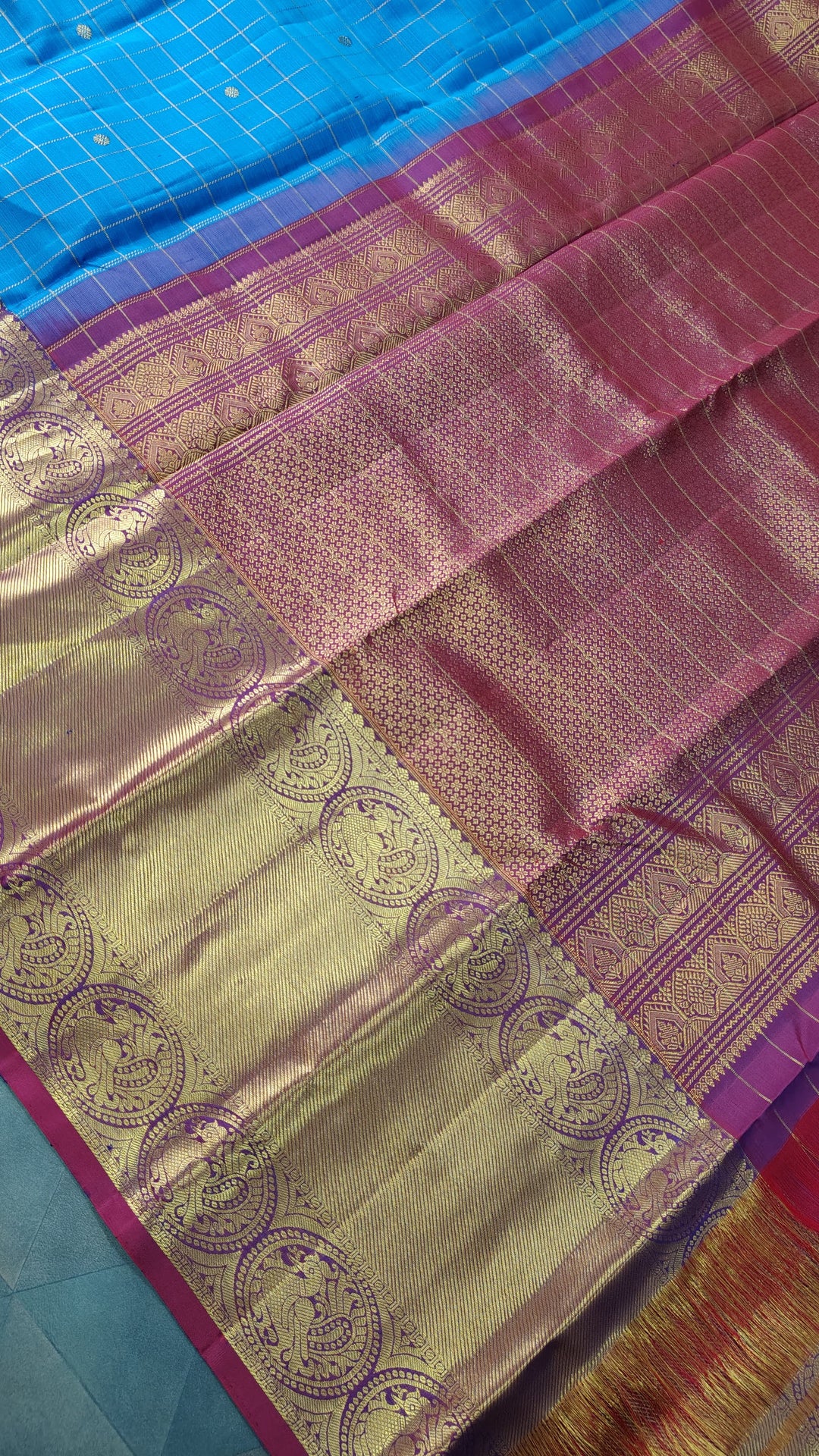 Blue Zari Checks on Kanjivaram Silk Saree with Zari Buttis and Contrast Wide Zari Border | SILK MARK CERTIFIED