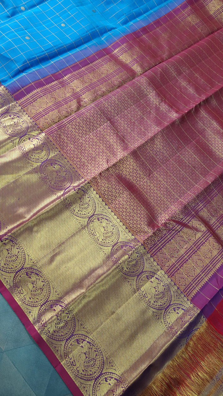 Blue Zari Checks on Kanjivaram Silk Saree with Zari Buttis and Contrast Wide Zari Border | SILK MARK CERTIFIED