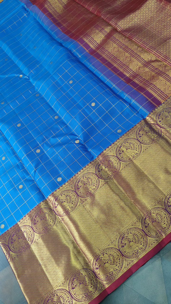 Blue Zari Checks on Kanjivaram Silk Saree with Zari Buttis and Contrast Wide Zari Border | SILK MARK CERTIFIED