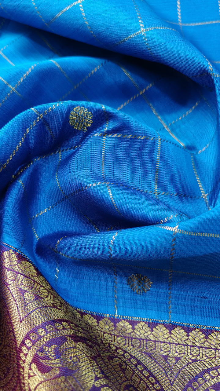 Blue Zari Checks on Kanjivaram Silk Saree with Zari Buttis and Contrast Wide Zari Border | SILK MARK CERTIFIED