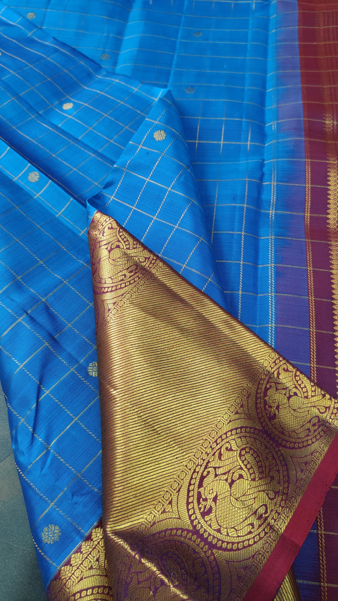 Blue Zari Checks on Kanjivaram Silk Saree with Zari Buttis and Contrast Wide Zari Border | SILK MARK CERTIFIED