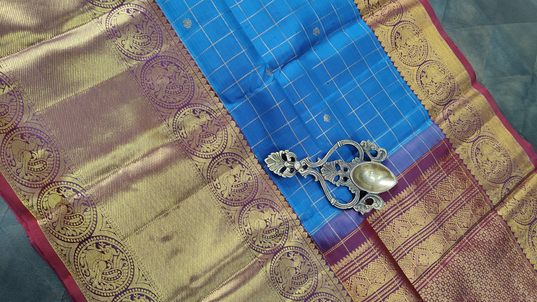 Blue Zari Checks on Kanjivaram Silk Saree with Zari Buttis and Contrast Wide Zari Border | SILK MARK CERTIFIED