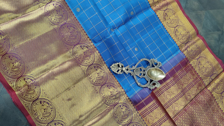 Blue Zari Checks on Kanjivaram Silk Saree with Zari Buttis and Contrast Wide Zari Border | SILK MARK CERTIFIED