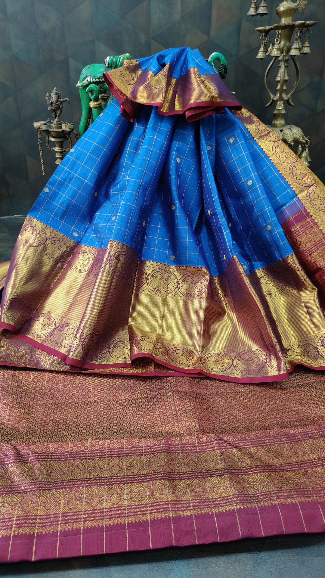 Blue Zari Checks on Kanjivaram Silk Saree with Zari Buttis and Contrast Wide Zari Border | SILK MARK CERTIFIED